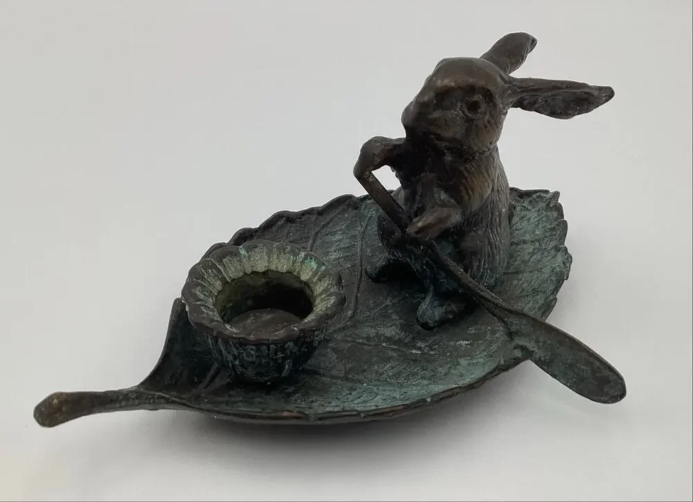 Vintage Bronze Bunny Rabbit Paddling Leaf Candle Holder Verdigris Patina